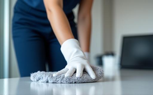 Professionele schoonmaker die een kantoorruimte reinigt.