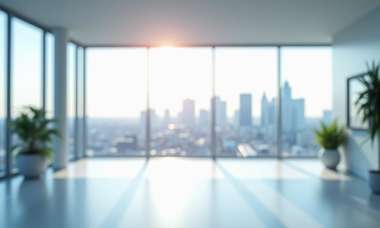 Een brandschoon modern kantoorinterieur met uitzicht op Amsterdam.